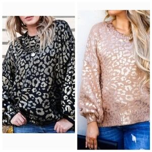 ANDTHEWHY Black Metallic Gold Cheetah Print Oversized Balloon Sleeve Sweater M/L
